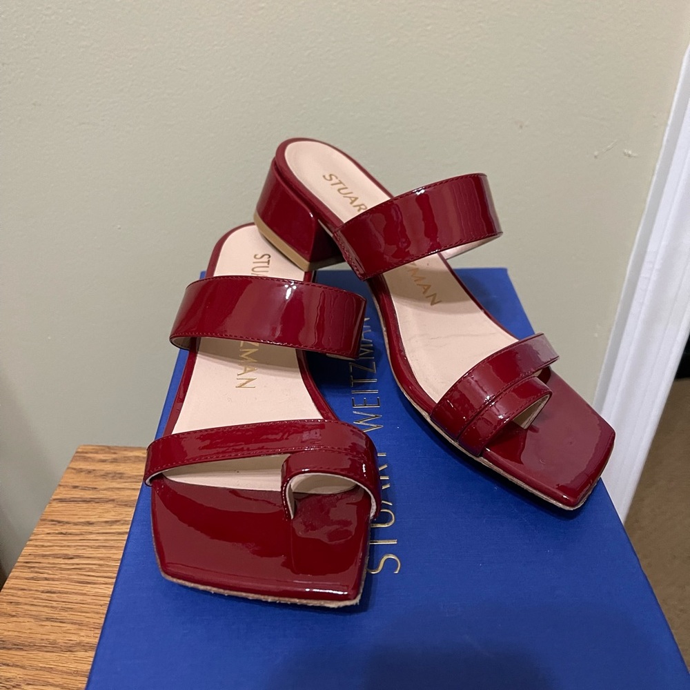 Stuart Weitzman Patent Leather Red Strappy Block Heel Sandals